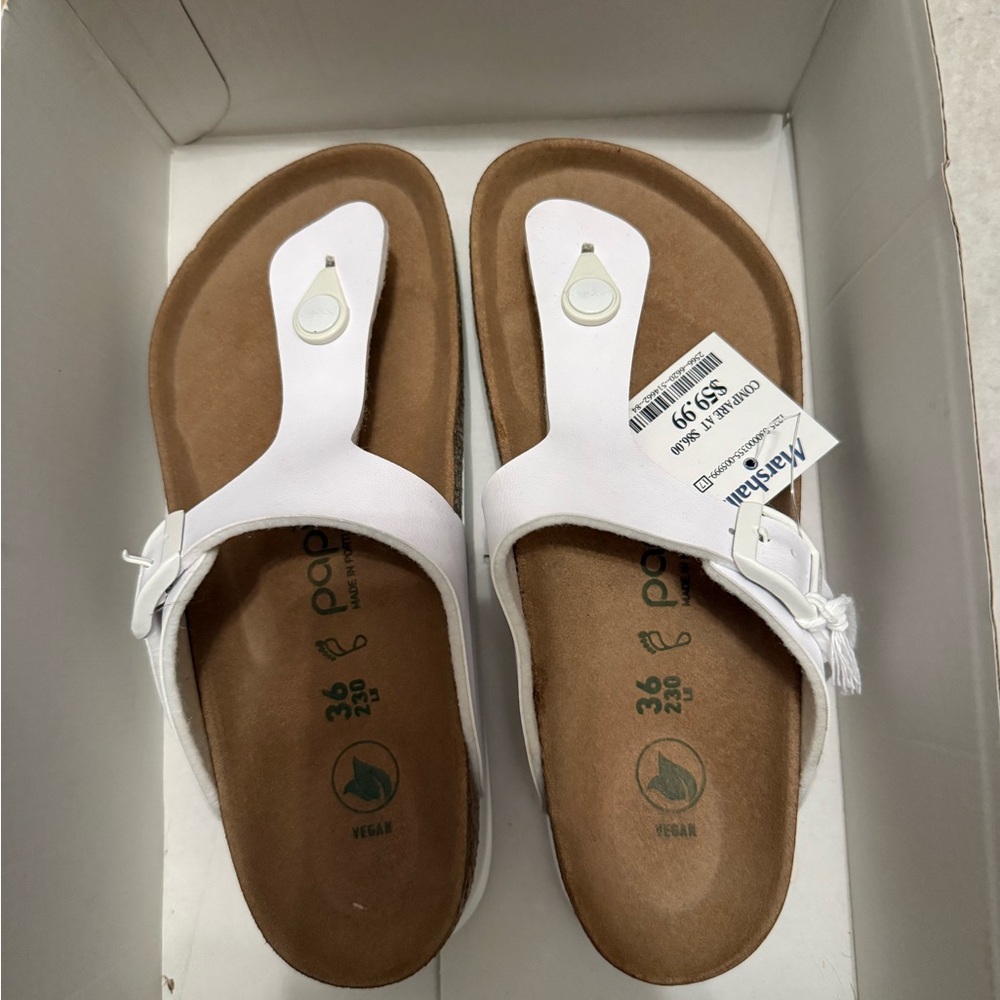 Birkenstock White Gizeh Sandals with Brown Platform